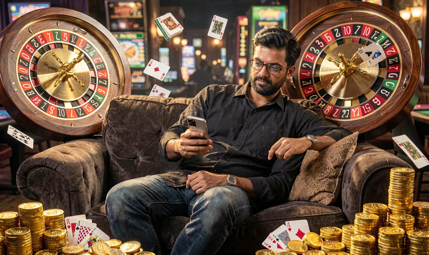 Confident Bangladeshi player using the 32OK casino app on his phone with roulette wheels, playing cards and gold coins around him