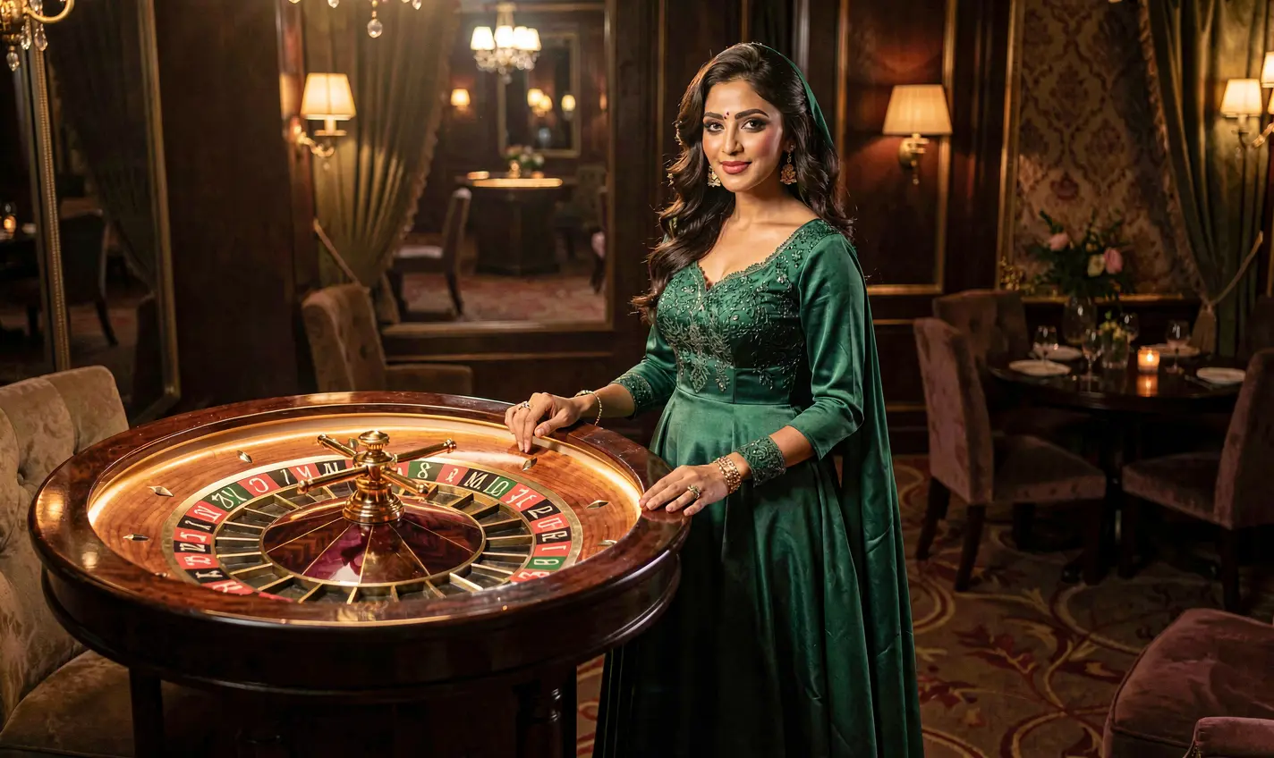 Elegant casino atmosphere with a glamorous woman in a green dress beside a glowing roulette wheel highlighting the premium gaming experience and bonus offers at 32OK in Bangladesh