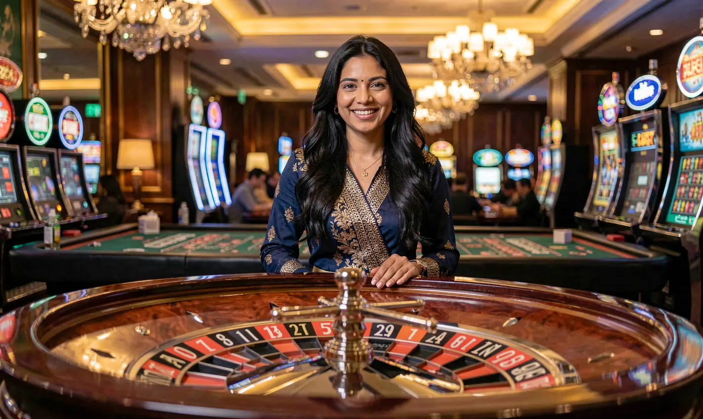 Smiling Bangladeshi casino hostess at a roulette table in a vibrant casino setting showcasing the engaging live casino atmosphere of 32OK