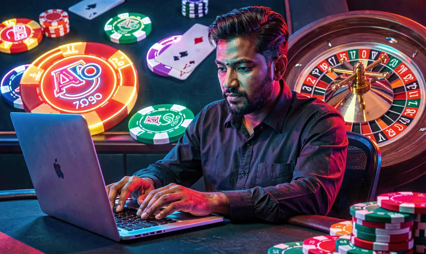 Focused Bangladeshi player enjoying colorful online casino games on a laptop with glowing chips in a modern digital gaming scene at 32OK