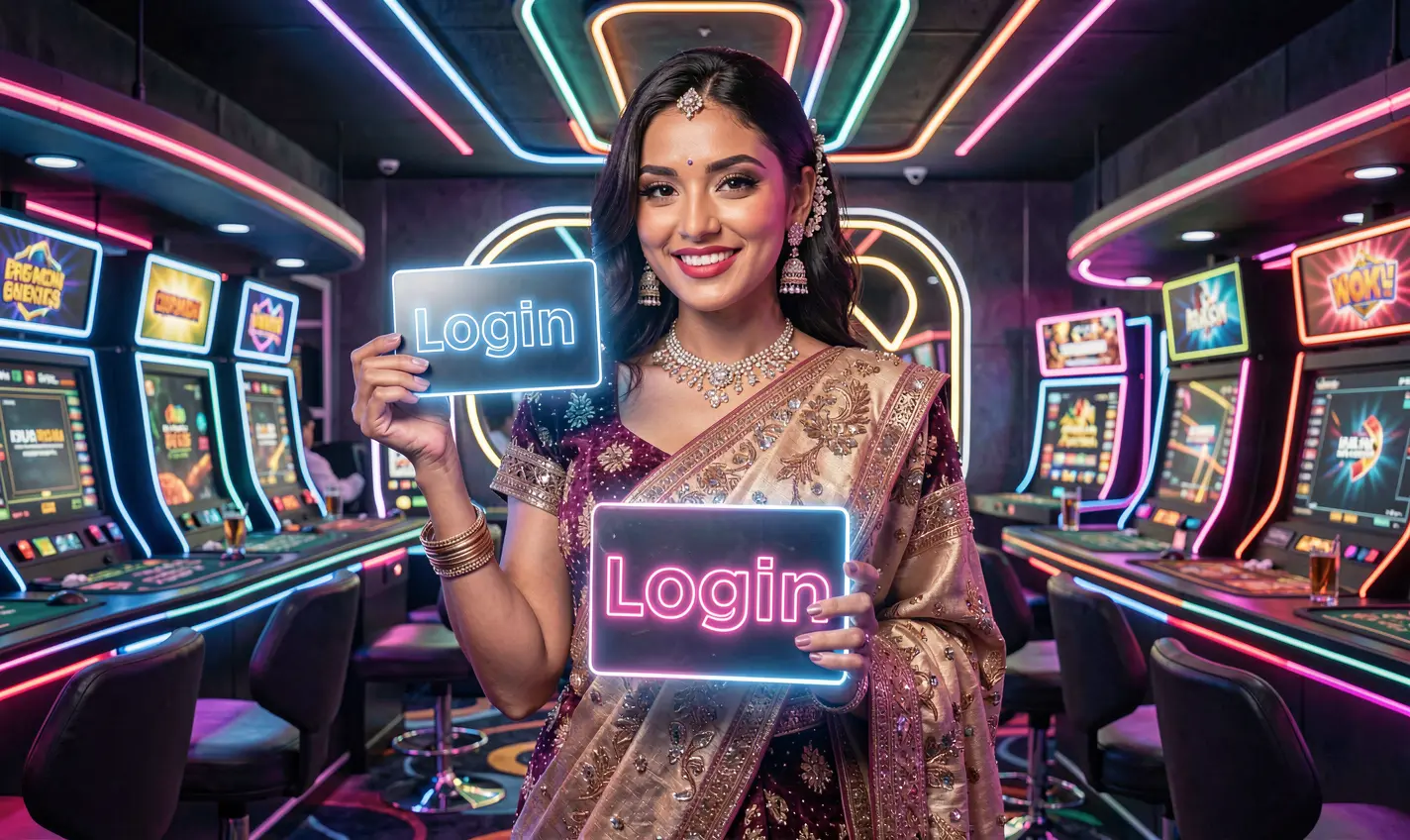 Elegant Bangladeshi woman holding a glowing login card in a neon casino environment symbolizing secure access to 32OK