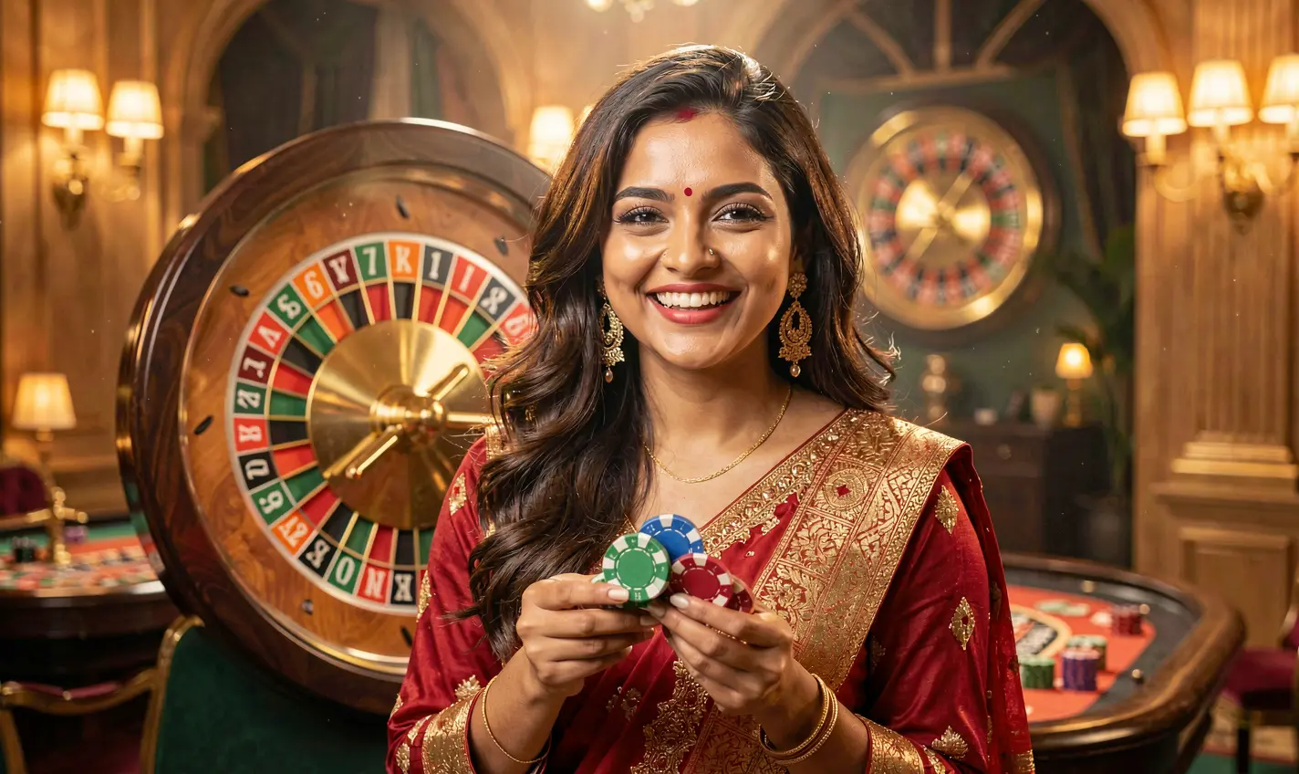 Elegant casino atmosphere with a smiling woman holding poker chips in front of a roulette wheel highlighting the premium gaming experience at 32OK for players in Bangladesh