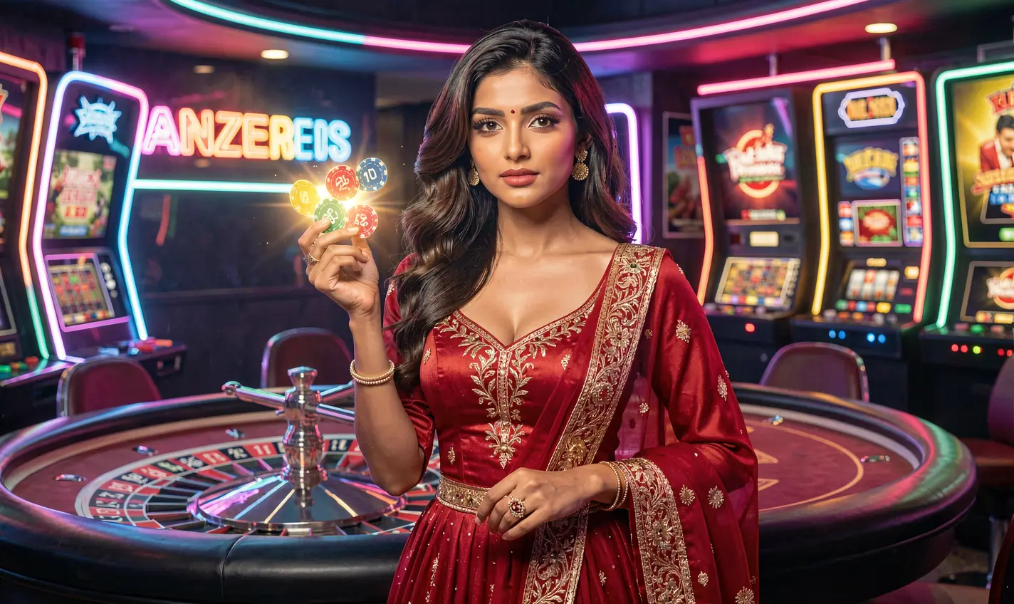 Confident casino player holding colorful chips near a roulette wheel in a vibrant gaming hall showcasing the premium atmosphere of 32OK Casino in Bangladesh
