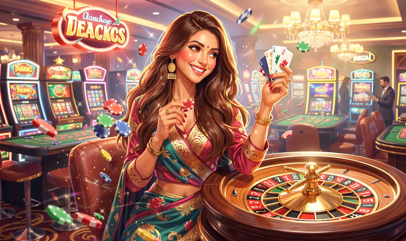 Confident Bangladeshi woman holding casino chips in front of a roulette wheel symbolizing premium live casino entertainment at 32OK