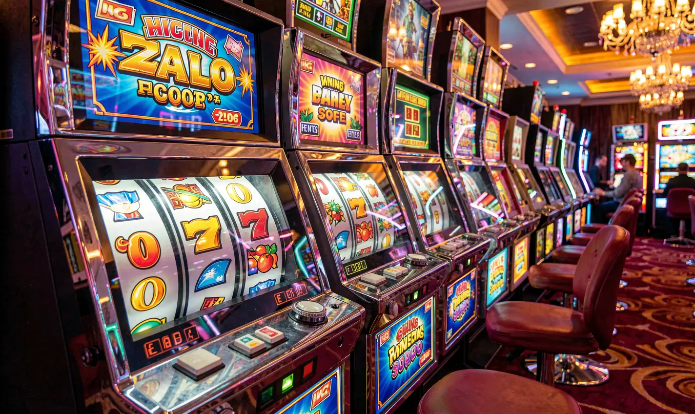 Luxury casino slot machines with bright lights and spinning reels creating an exciting gaming atmosphere at 32OK casino for players in Bangladesh